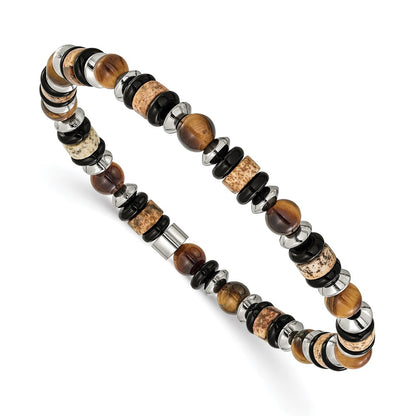 Chisel Stainless Steel Polished 6.50mm Tiger's Eye, Picture Jasper and Black Onyx Beaded 7.5 inch Stretch Bracelet