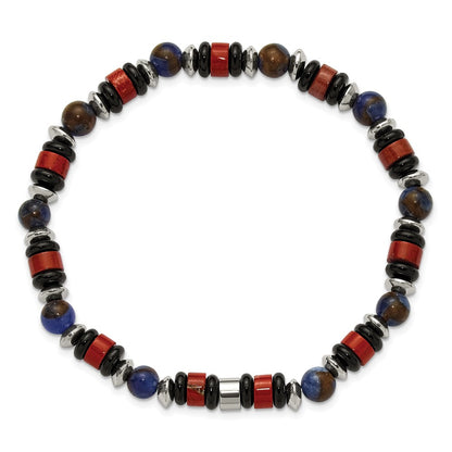 Chisel Stainless Steel Polished 6.50mm Blue Golden, Red Agate and Black Onyx Beaded 7.75 inch Stretch Bracelet