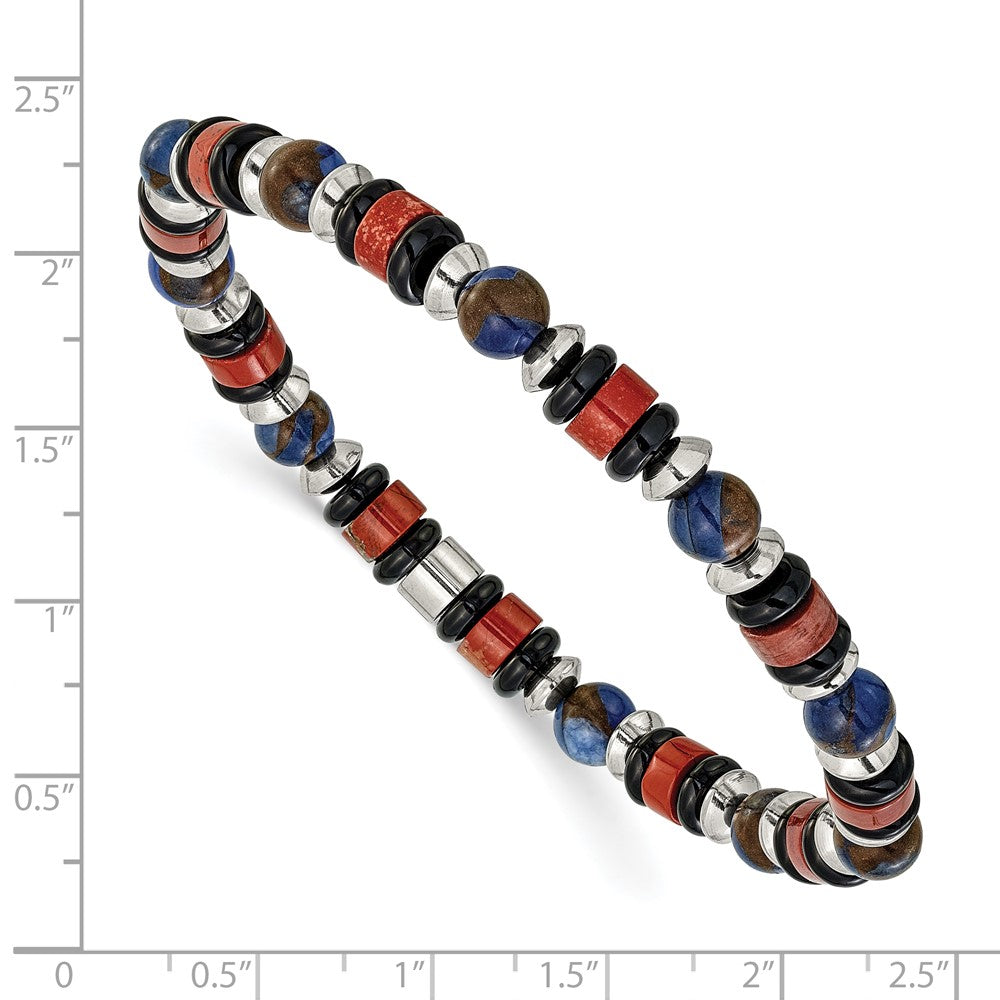Chisel Stainless Steel Polished 6.50mm Blue Golden, Red Agate and Black Onyx Beaded 7.75 inch Stretch Bracelet