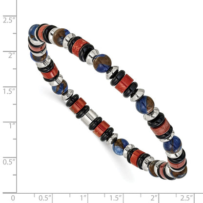 Chisel Stainless Steel Polished 6.50mm Blue Golden, Red Agate and Black Onyx Beaded 7.75 inch Stretch Bracelet
