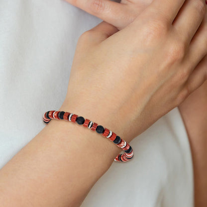 Chisel Stainless Steel Polished 6.30mm Red Agate and Black Onyx Beaded 7.5 inch Stretch Bracelet