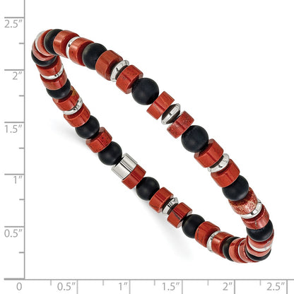 Chisel Stainless Steel Polished 6.30mm Red Agate and Black Onyx Beaded 7.5 inch Stretch Bracelet
