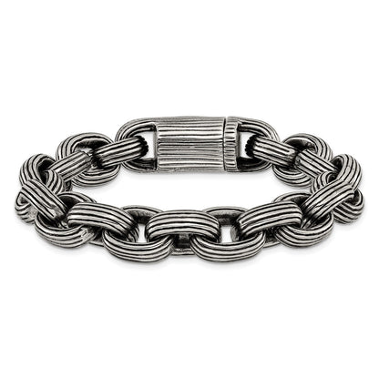 Chisel Stainless Steel Antiqued and Polished 8.5 inch Grooved Link Bracelet