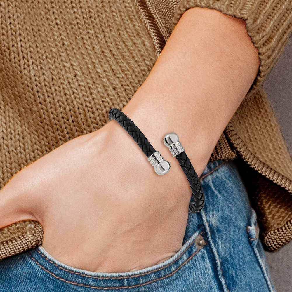 Chisel Stainless Steel Polished Black Leather Flexible Cuff Bangle