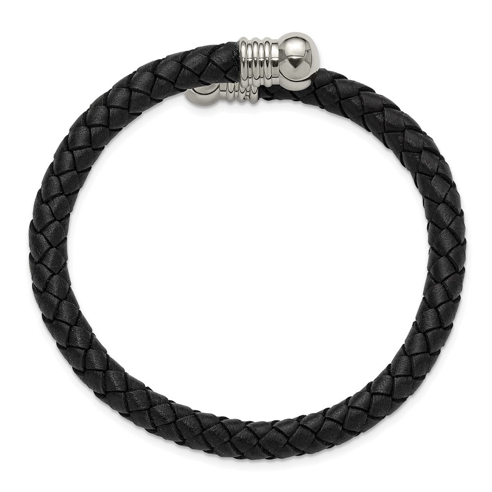 Chisel Stainless Steel Polished Black Leather Flexible Cuff Bangle