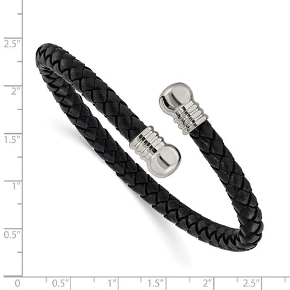 Chisel Stainless Steel Polished Black Leather Flexible Cuff Bangle