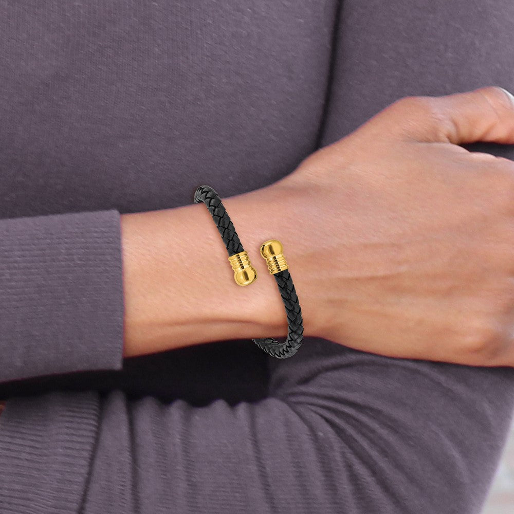 Chisel Stainless Steel Polished Yellow IP-plated  Black Leather Flexible Cuff Bangle