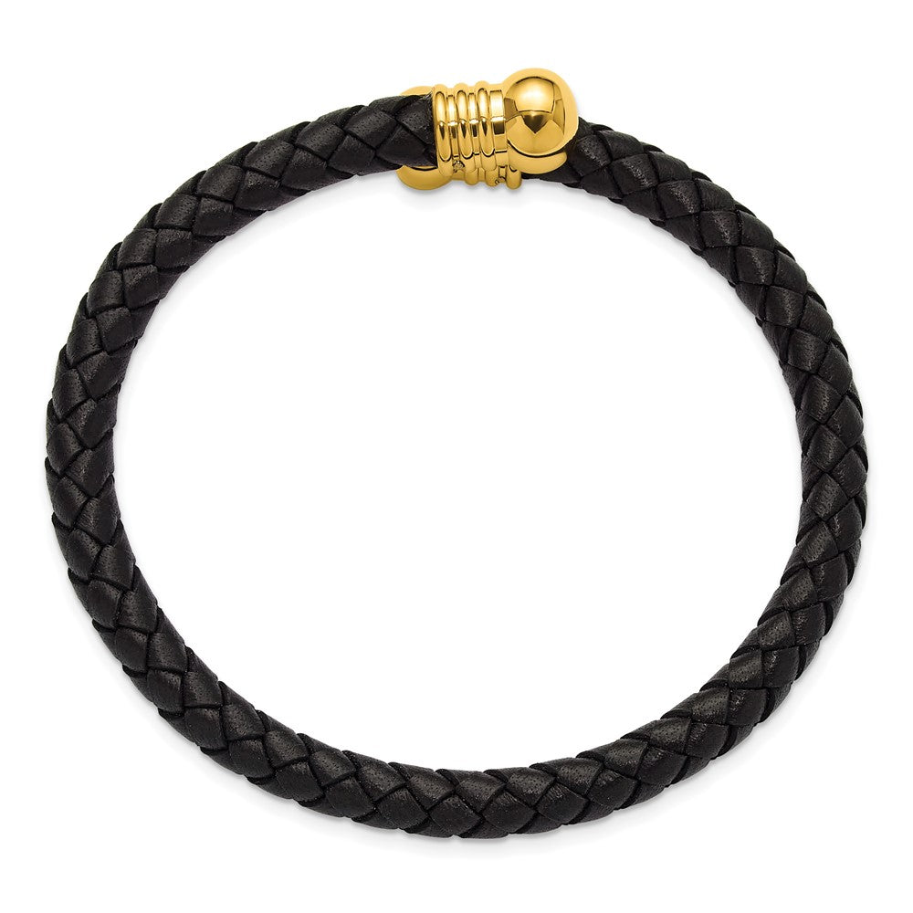 Chisel Stainless Steel Polished Yellow IP-plated  Black Leather Flexible Cuff Bangle