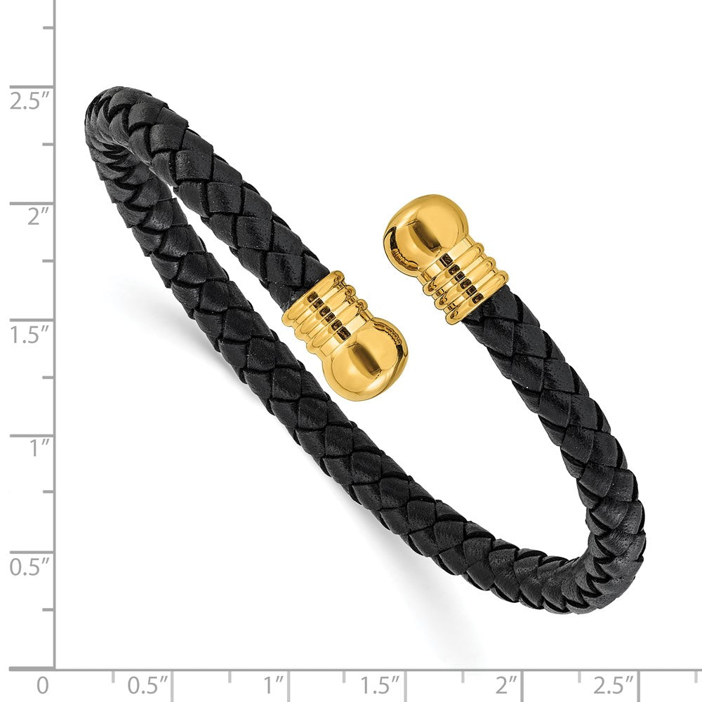 Chisel Stainless Steel Polished Yellow IP-plated  Black Leather Flexible Cuff Bangle