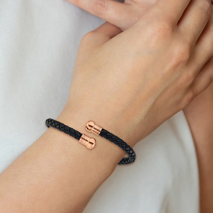 Chisel Stainless Steel Polished Rose IP-plated Black Leather Flexible Cuff Bangle