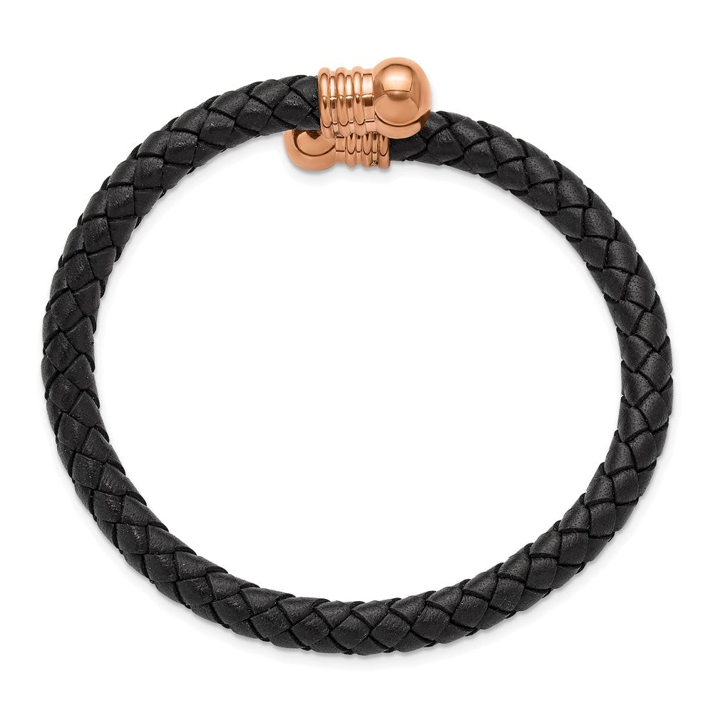 Chisel Stainless Steel Polished Rose IP-plated Black Leather Flexible Cuff Bangle