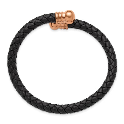 Chisel Stainless Steel Polished Rose IP-plated Black Leather Flexible Cuff Bangle