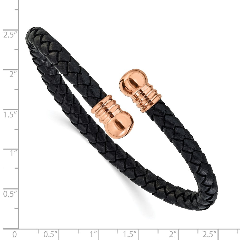Chisel Stainless Steel Polished Rose IP-plated Black Leather Flexible Cuff Bangle