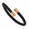Chisel Stainless Steel Polished Rose IP-plated Black Leather Flexible Cuff Bangle