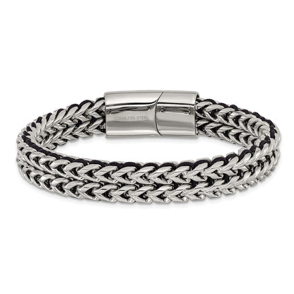 Chisel Stainless Steel Polished 8.5 inch Black Cord and Chain Bracelet