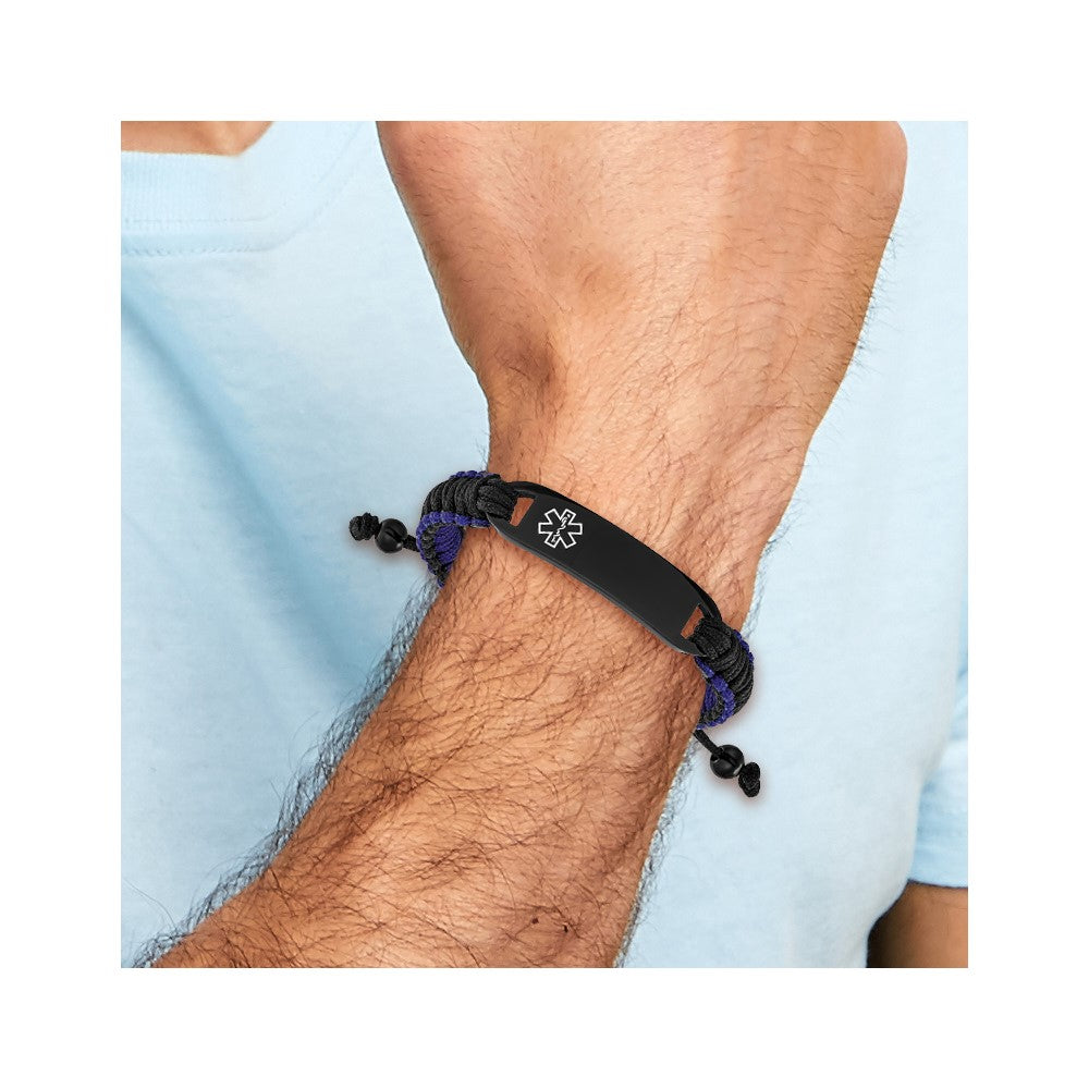Chisel Stainless Steel Polished Black IP-plated and White Enamel Black and Blue Nylon 7.5 inch to 10.5 inch Adjustable Medical ID Bracelet