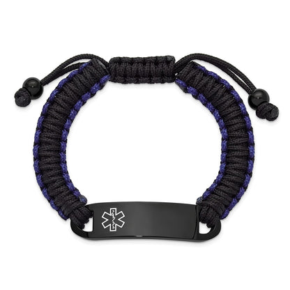 Chisel Stainless Steel Polished Black IP-plated and White Enamel Black and Blue Nylon 7.5 inch to 10.5 inch Adjustable Medical ID Bracelet
