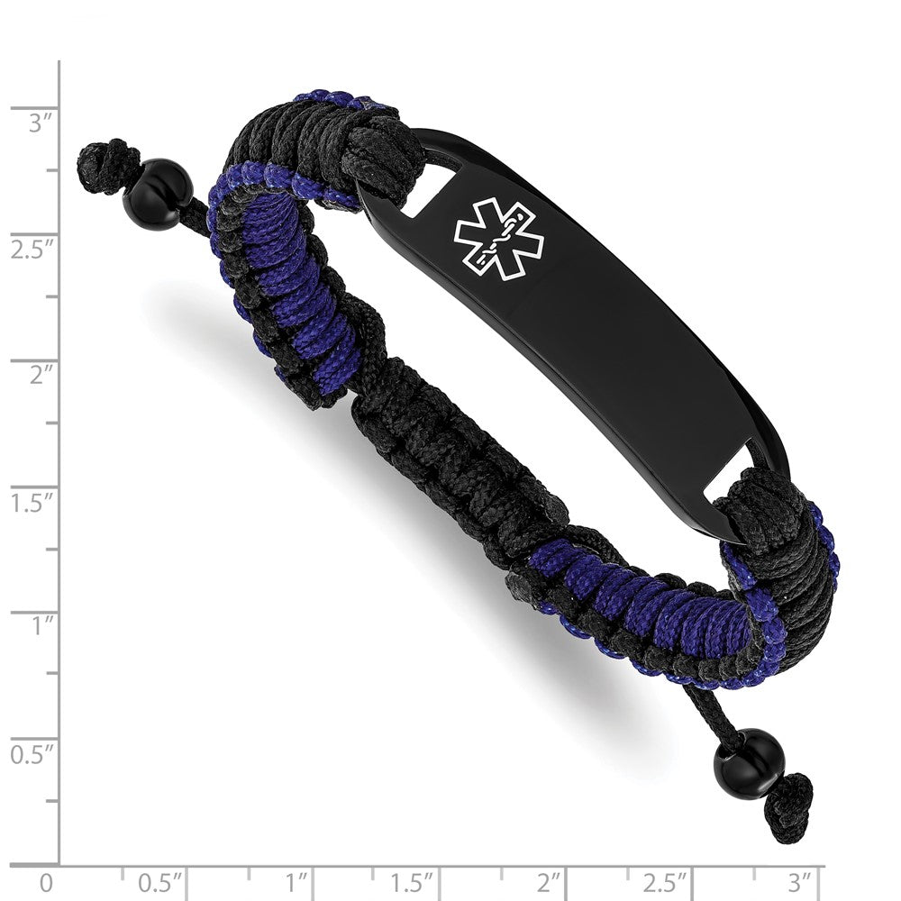 Chisel Stainless Steel Polished Black IP-plated and White Enamel Black and Blue Nylon 7.5 inch to 10.5 inch Adjustable Medical ID Bracelet