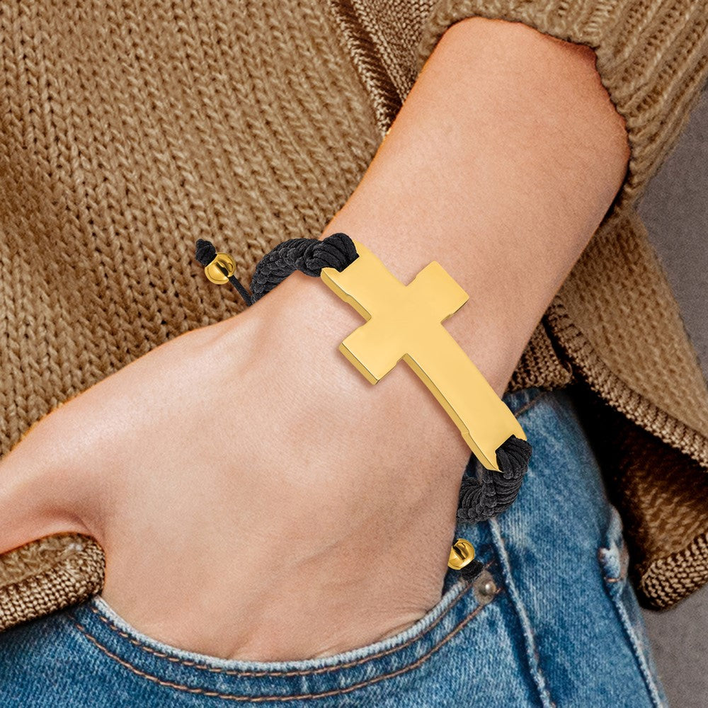 Chisel Stainless Steel Polished Yellow IP-plated Cross Black Nylon 7.5 inch to 10.5 inch Adjustable Bracelet