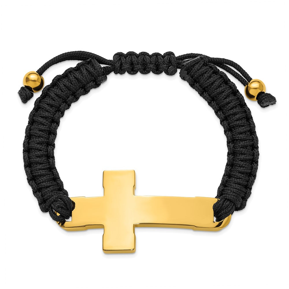 Chisel Stainless Steel Polished Yellow IP-plated Cross Black Nylon 7.5 inch to 10.5 inch Adjustable Bracelet
