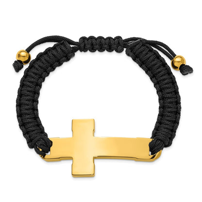 Chisel Stainless Steel Polished Yellow IP-plated Cross Black Nylon 7.5 inch to 10.5 inch Adjustable Bracelet