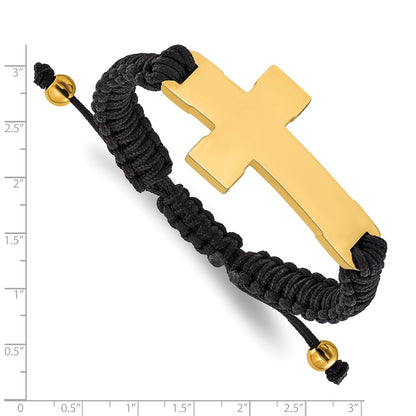 Chisel Stainless Steel Polished Yellow IP-plated Cross Black Nylon 7.5 inch to 10.5 inch Adjustable Bracelet