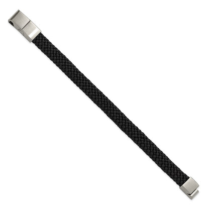 Chisel Stainless Steel Brushed and Polished Black Braided Nylon 8 inch Plus .5 inch Extension Bracelet