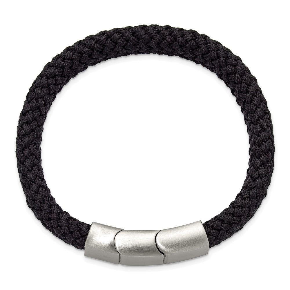 Chisel Stainless Steel Brushed and Polished Black Braided Nylon 8 inch Plus .5 inch Extension Bracelet