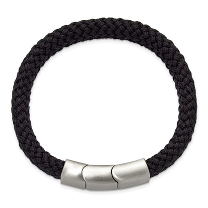 Chisel Stainless Steel Brushed and Polished Black Braided Nylon 8 inch Plus .5 inch Extension Bracelet