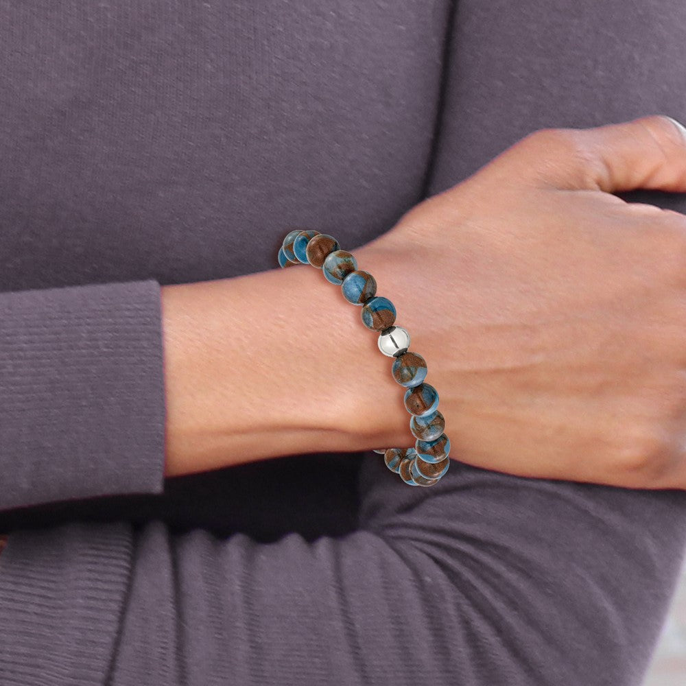Chisel Stainless Steel Polished 8.5mm Blue and Gold Stone Beaded 6.5 inch Stretch Bracelet