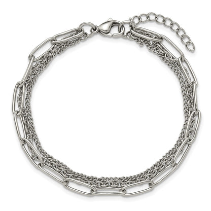 Chisel Stainless Steel Polished Multi-Strand Curb, Cable and Paperclip Link 7 inch Plus a 1.25 inch Extension Bracelet