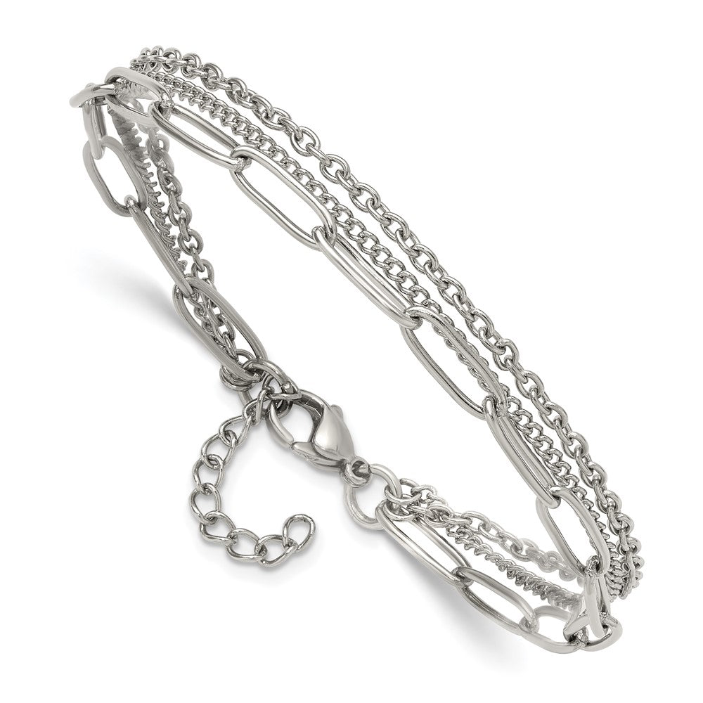 Chisel Stainless Steel Polished Multi-Strand Curb, Cable and Paperclip Link 7 inch Plus a 1.25 inch Extension Bracelet