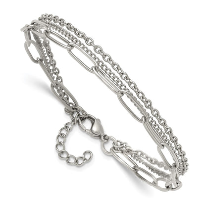 Chisel Stainless Steel Polished Multi-Strand Curb, Cable and Paperclip Link 7 inch Plus a 1.25 inch Extension Bracelet