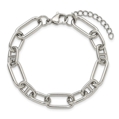 Chisel Stainless Steel Polished 9mm 6.5 inch Plus 1.25 inch 9mm Open Link Bracelet