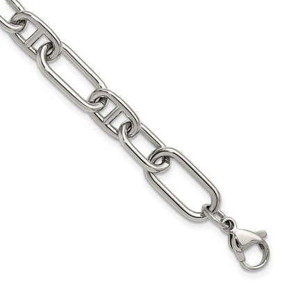 Chisel Stainless Steel Polished 9mm 6.5 inch Plus 1.25 inch 9mm Open Link Bracelet