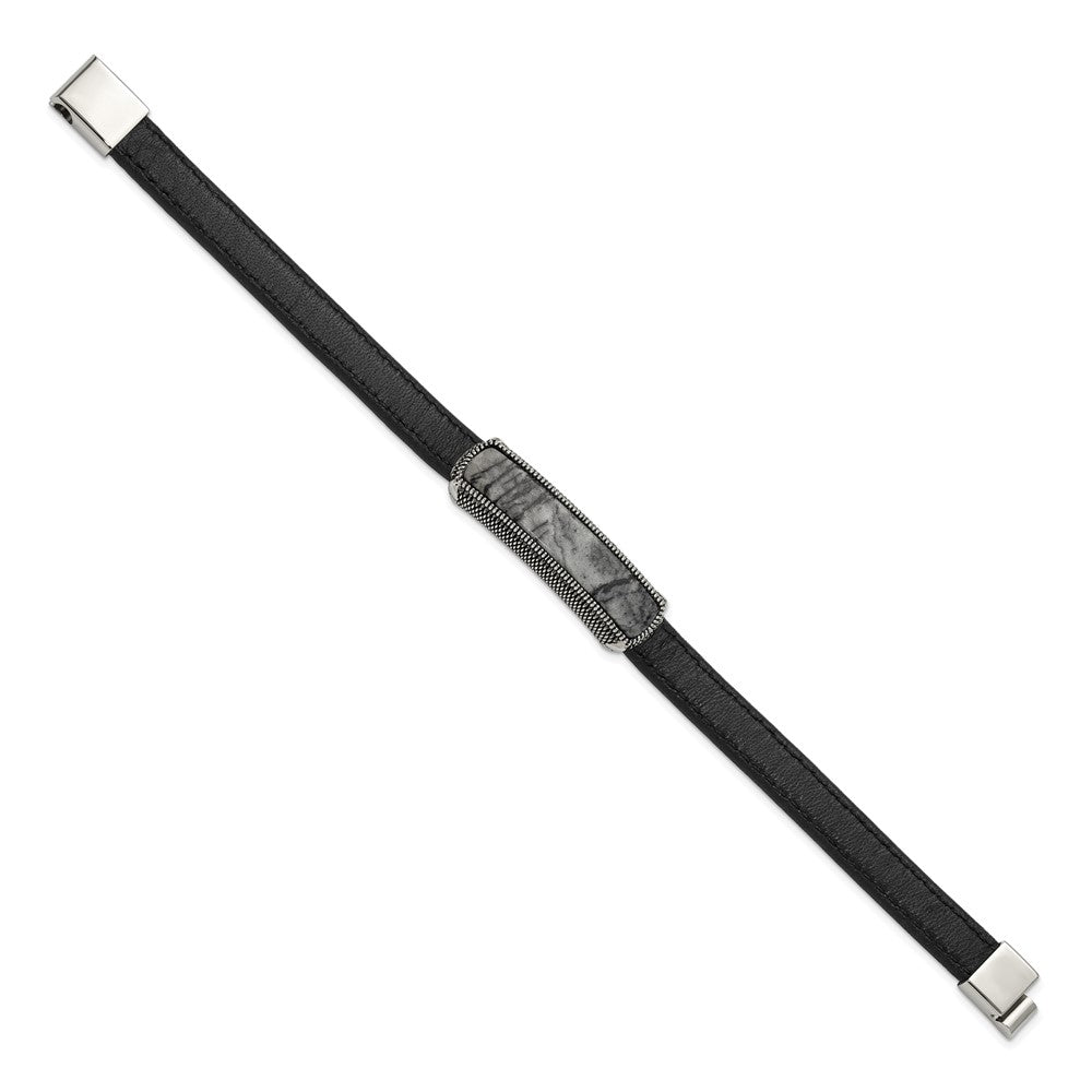 Chisel Stainless Steel Polished Black Oxidized Picasso Jasper Black Leather 8 inch Bracelet
