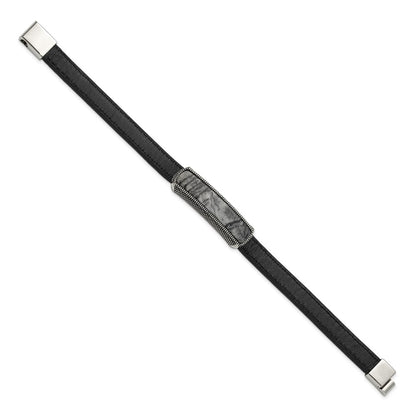 Chisel Stainless Steel Polished Black Oxidized Picasso Jasper Black Leather 8 inch Bracelet