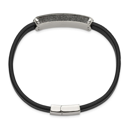 Chisel Stainless Steel Antiqued and Polished Black Agate Black Leather 8.25 inch Bracelet