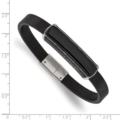 Chisel Stainless Steel Antiqued and Polished Black Agate Black Leather 8.25 inch Bracelet