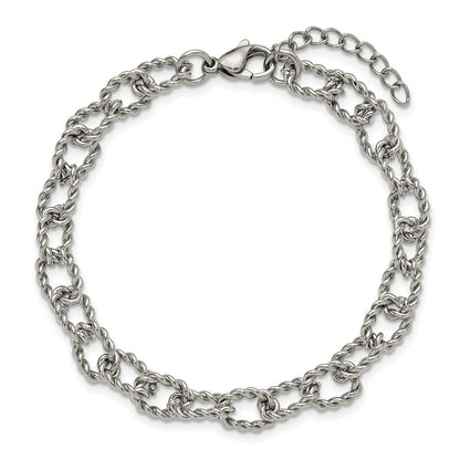 Chisel Stainless Steel Polished and Textured Open Link 7 inch Plus a 1 inch Extension Bracelet