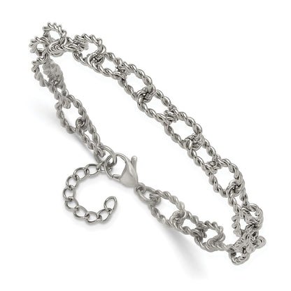 Chisel Stainless Steel Polished and Textured Open Link 7 inch Plus a 1 inch Extension Bracelet