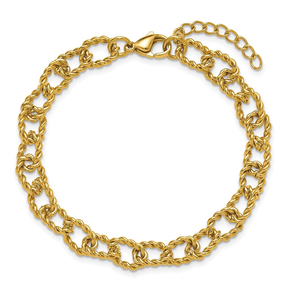 Chisel Stainless Steel Polished and Textured Yellow IP-plated Open Link 7 inch Plus a 1 inch Extension Bracelet