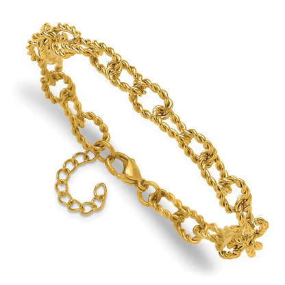 Chisel Stainless Steel Polished and Textured Yellow IP-plated Open Link 7 inch Plus a 1 inch Extension Bracelet