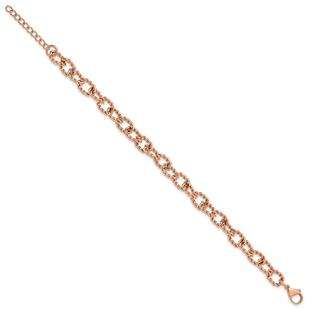 Chisel Stainless Steel Polished and Textured Rose IP-plated Open Link 7 inch Plus a 1 inch Extension Bracelet