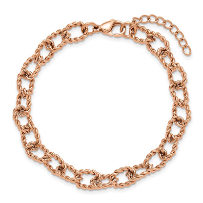 Chisel Stainless Steel Polished and Textured Rose IP-plated Open Link 7 inch Plus a 1 inch Extension Bracelet