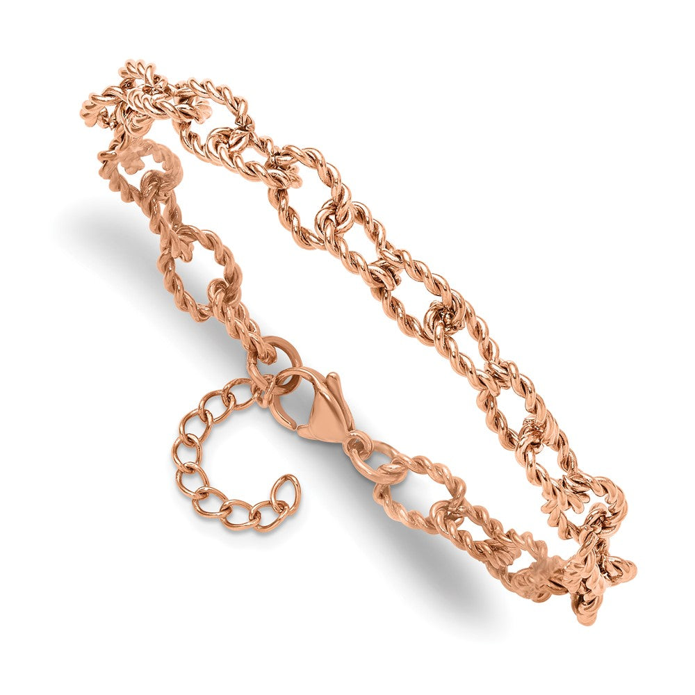 Chisel Stainless Steel Polished and Textured Rose IP-plated Open Link 7 inch Plus a 1 inch Extension Bracelet