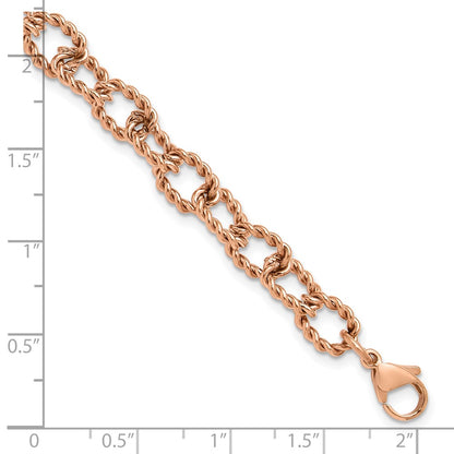 Chisel Stainless Steel Polished and Textured Rose IP-plated Open Link 7 inch Plus a 1 inch Extension Bracelet