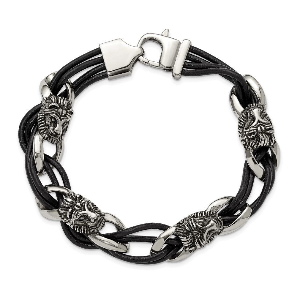 Chisel Stainless Steel Antiqued and Polished Lion Head Dark Brown Leather 8.5 inch Bracelet