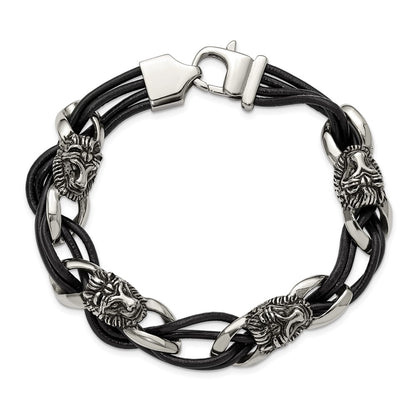 Chisel Stainless Steel Antiqued and Polished Lion Head Dark Brown Leather 8.5 inch Bracelet