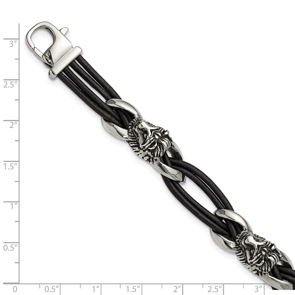 Chisel Stainless Steel Antiqued and Polished Lion Head Dark Brown Leather 8.5 inch Bracelet